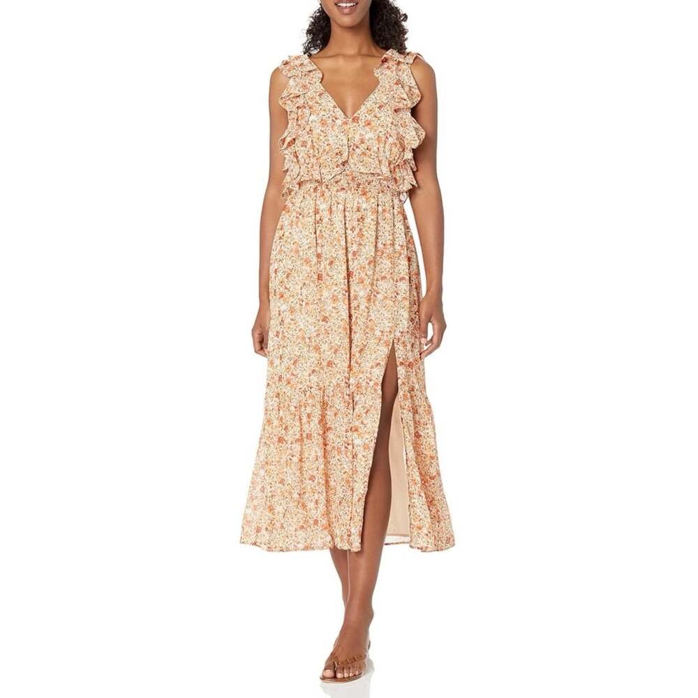 NWOT ASTR The Label Orange Floral Ruffle Midi Dress Open Back Tie XL